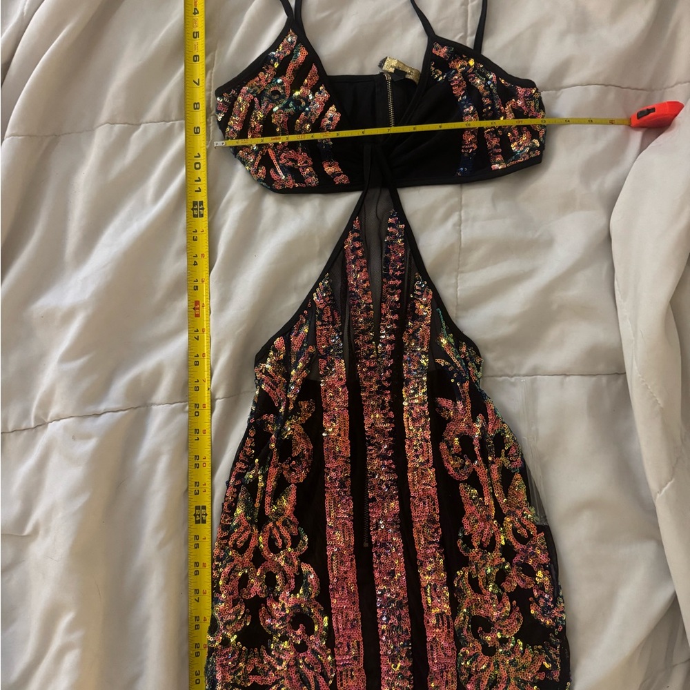 Black Sheer Mini Dress with Pink Sequin Embellishment